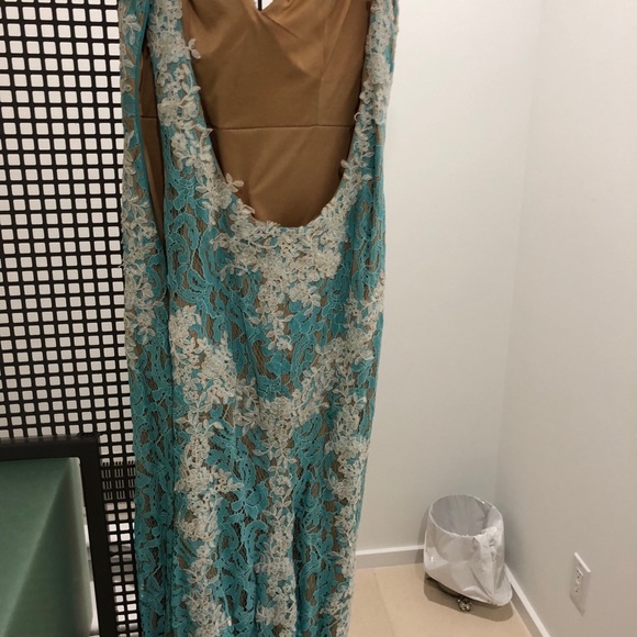 Jovani Evening Gown Turquoise/White w/ Nude Under - Picture 7 of 8